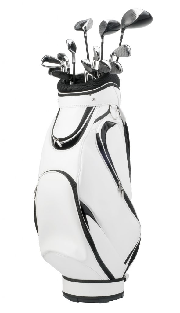 Golf clubs in white and black bag isolated on white background